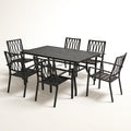 Outdoor Dining Set Designed for Year-Round Entertaining, Black Iron Construction, Stackable Chairs, Umbrella Hole