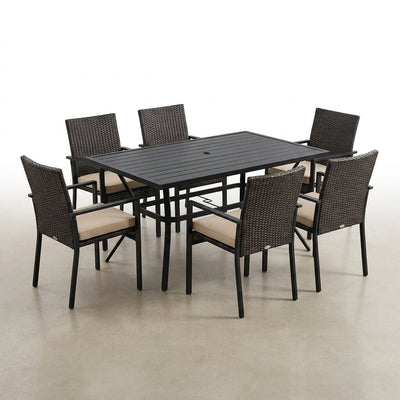Outdoor Dining Set Built for Patio Entertaining, 7 Piece Rattan Wicker, Rectangular Table, Umbrella Ready