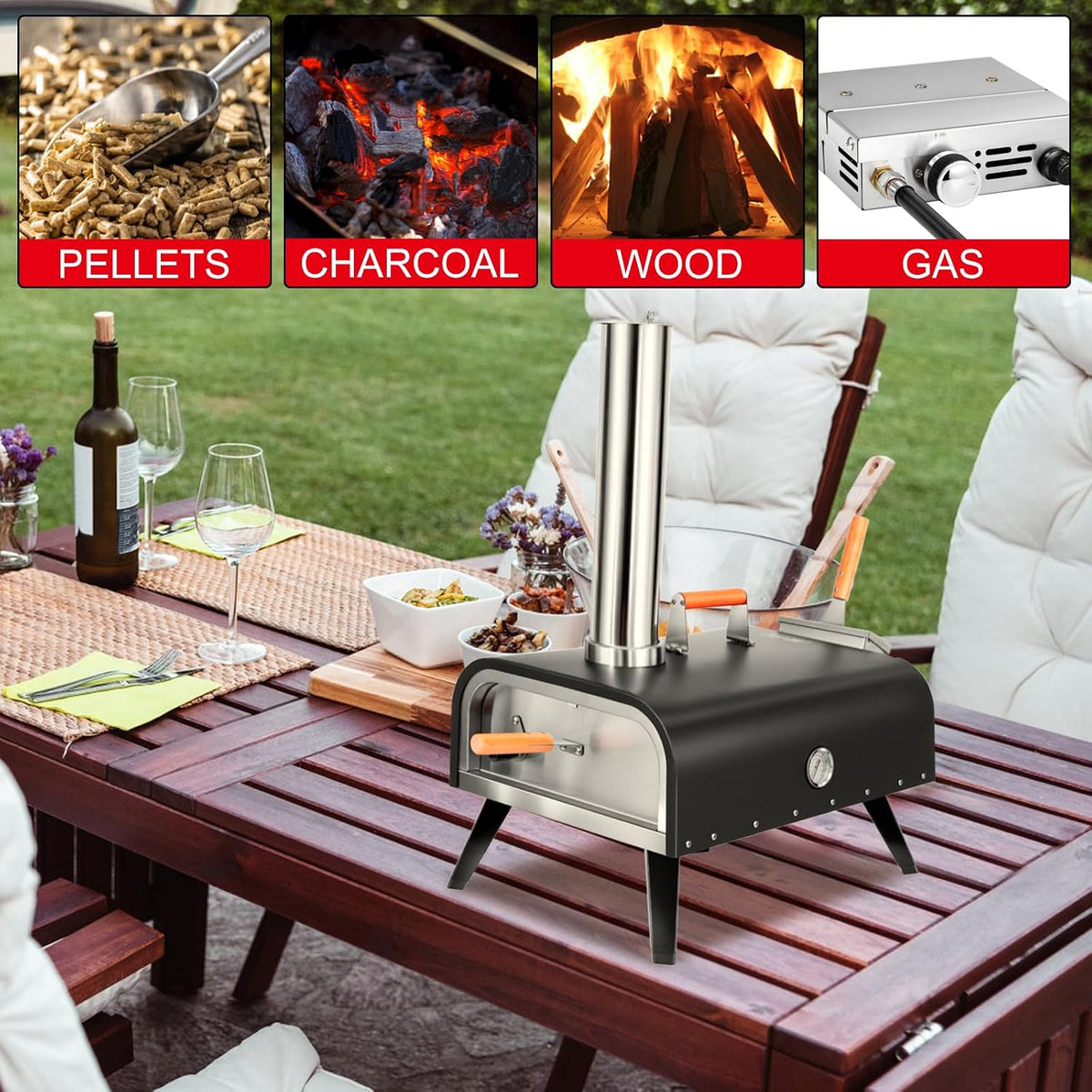 Pizza Oven Outdoor Wood Fired and Gas Pizza Oven 12 Multi-Fuel Pizza Oven, Portable Pizza Maker Oven Grill for outside Backyard, with Gas Burner, Wood Tray, Oven Gloves, Peel, and Cutter