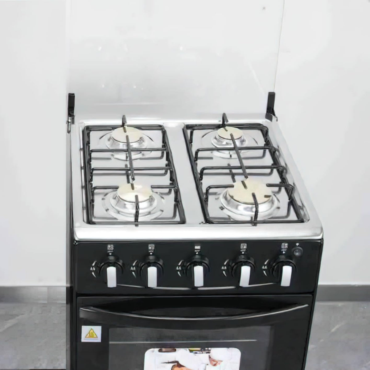 Gas Range with Double-Layer Glass Door, 4 Burners, Cast Iron Rack, 60L Capacity, Dedicated LPG