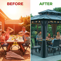 12'X10' Hardtop Gazebo, Aluminum Permanent Pavilion with Polycarbonate Double Roof, Removable Curtains & Mosquito Netting for Patio, Garden, Lawn, Upgrade Your Outdoors: Heavy Duty Hardtop Gazebo — Before & After