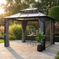 12'X10' Hardtop Gazebo, Aluminum Permanent Pavilion with Polycarbonate Double Roof, Removable Curtains & Mosquito Netting for Patio, Garden, Lawn, Upgrade Your Outdoors: Heavy Duty Hardtop Gazebo — Studio Shot