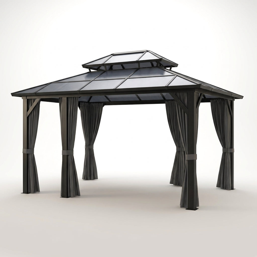 12'X10' Hardtop Gazebo, Aluminum Permanent Pavilion with Polycarbonate Double Roof, Removable Curtains & Mosquito Netting for Patio, Garden, Lawn, Upgrade Your Outdoors: Heavy Duty Hardtop Gazebo — Studio Shot