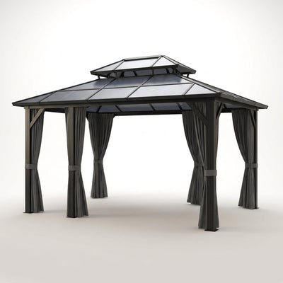 Hardtop Gazebo Built for All-Weather Outdoor Living, 12x10 Aluminum Frame, Polycarbonate Double Roof, Netting
