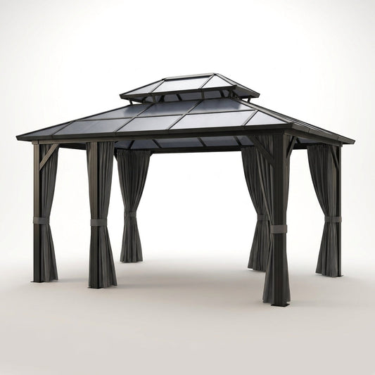 12'X10' Hardtop Gazebo, Aluminum Permanent Pavilion with Polycarbonate Double Roof, Removable Curtains & Mosquito Netting for Patio, Garden, Lawn, Upgrade Your Outdoors: Heavy Duty Hardtop Gazebo — Studio Shot