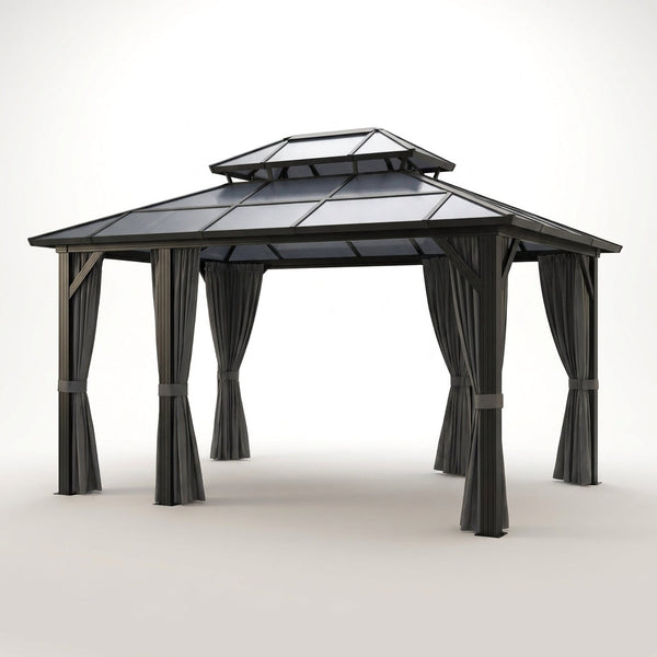 12'X10' Hardtop Gazebo, Aluminum Permanent Pavilion with Polycarbonate Double Roof, Removable Curtains & Mosquito Netting for Patio, Garden, Lawn, Upgrade Your Outdoors: Heavy Duty Hardtop Gazebo — Studio Shot