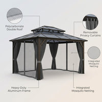12'X10' Hardtop Gazebo, Aluminum Permanent Pavilion with Polycarbonate Double Roof, Removable Curtains & Mosquito Netting for Patio, Garden, Lawn, Upgrade Your Outdoors: Heavy Duty Hardtop Gazebo — infographic