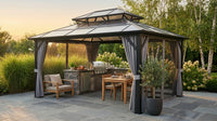 12'X10' Hardtop Gazebo, Aluminum Permanent Pavilion with Polycarbonate Double Roof, Removable Curtains & Mosquito Netting for Patio, Garden, Lawn, Upgrade Your Outdoors: Heavy Duty Hardtop Gazebo — Lifestyle