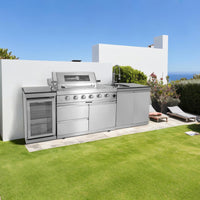 Outdoor Kitchen Island Built for Backyard Entertaining, Gas Grill, Sink, Refrigerator, 104 Inch