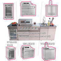 Outdoor Kitchen Island Built for Backyard Entertaining, Gas Grill, Sink, Refrigerator, 104 Inch