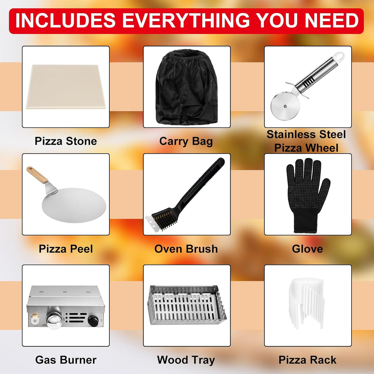 Pizza Oven Outdoor Wood Fired and Gas Pizza Oven 12 Multi-Fuel Pizza Oven, Portable Pizza Maker Oven Grill for outside Backyard, with Gas Burner, Wood Tray, Oven Gloves, Peel, and Cutter