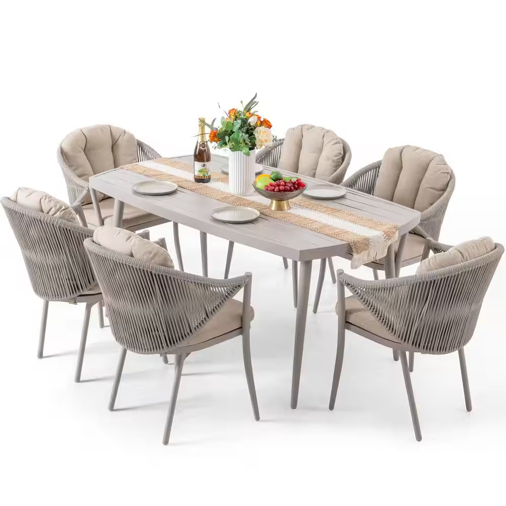 7-Piece Aluminum Outdoor Dining Set with Beige Cushion