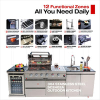 Outdoor Kitchen Island Built for Backyard Entertaining, Gas Grill, Sink, Refrigerator, 104 Inch