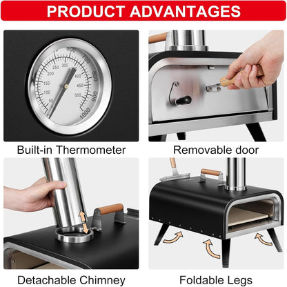 Pizza Oven Outdoor Wood Fired and Gas Pizza Oven 12 Multi-Fuel Pizza Oven, Portable Pizza Maker Oven Grill for outside Backyard, with Gas Burner, Wood Tray, Oven Gloves, Peel, and Cutter