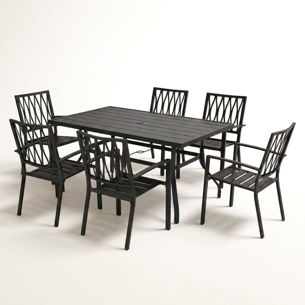 7-Piece Black Iron Outdoor Dining Set — Studio Shot