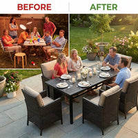 7Pcs Outdoor Dining Set Rectangular Table Patio Dining Set Rattan Wicker Chairs — Before & After