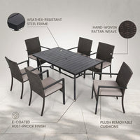7Pcs Outdoor Dining Set Rectangular Table Patio Dining Set Rattan Wicker Chairs — infographic