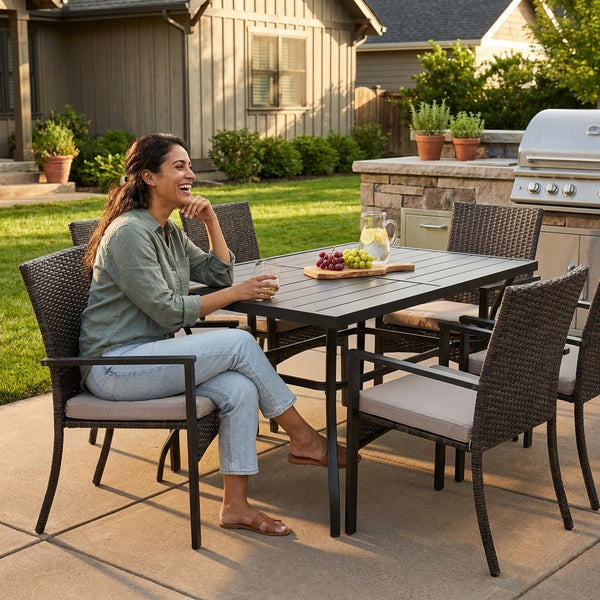 Outdoor Dining Set Built for Patio Entertaining, 7 Piece Rattan Wicker, Rectangular Table, Umbrella Ready