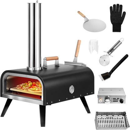 Pizza Oven Outdoor Wood Fired and Gas Pizza Oven 12 Multi-Fuel Pizza Oven, Portable Pizza Maker Oven Grill for outside Backyard, with Gas Burner, Wood Tray, Oven Gloves, Peel, and Cutter
