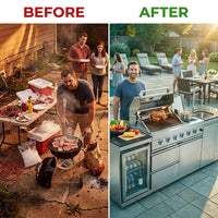 Modular Outdoor Kitchen BBQ Island, 104" Outdoor Kitchen Propane Gas Island Grill with Sink, Compact Refrigerator, Storage Cabinets, Rotisserie Kit (Silver, 104") — Before & After