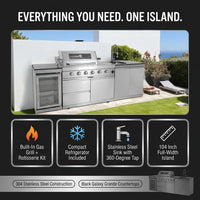 Modular Outdoor Kitchen BBQ Island, 104" Outdoor Kitchen Propane Gas Island Grill with Sink, Compact Refrigerator, Storage Cabinets, Rotisserie Kit (Silver, 104") — Results & Stats