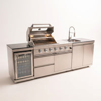 Modular Outdoor Kitchen BBQ Island, 104" Outdoor Kitchen Propane Gas Island Grill with Sink, Compact Refrigerator, Storage Cabinets, Rotisserie Kit (Silver, 104") — Studio Shot
