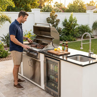 Modular Outdoor Kitchen BBQ Island, 104" Outdoor Kitchen Propane Gas Island Grill with Sink, Compact Refrigerator, Storage Cabinets, Rotisserie Kit (Silver, 104") — Lifestyle