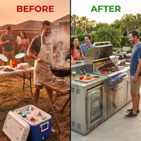 Outdoor Kitchen Island Built for Backyard Entertaining, Gas Grill, Sink, Refrigerator, 104 Inch — Before & After