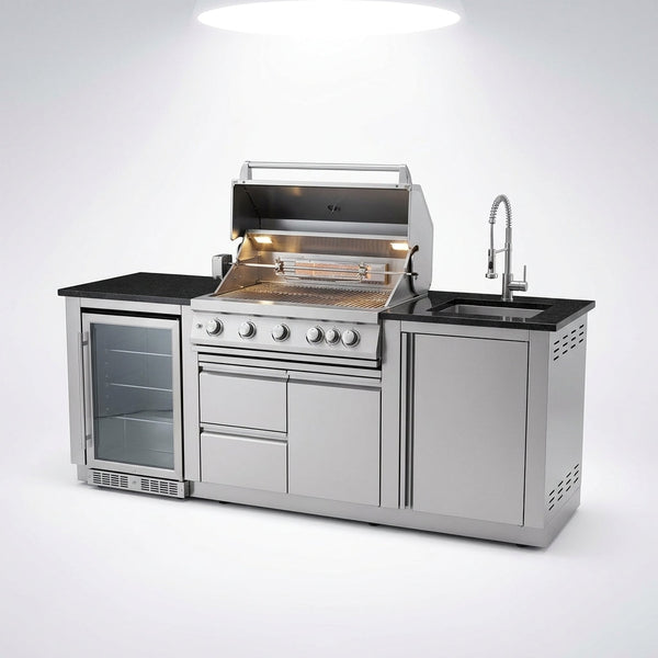 Outdoor Kitchen Island Built for Backyard Entertaining, Gas Grill, Sink, Refrigerator, 104 Inch — Studio Shot