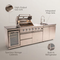 Outdoor Kitchen Island Built for Backyard Entertaining, Gas Grill, Sink, Refrigerator, 104 Inch — infographic