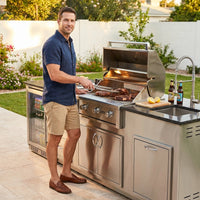Outdoor Kitchen Island Built for Backyard Entertaining, Gas Grill, Sink, Refrigerator, 104 Inch — Lifestyle