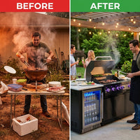 Premium 70" Black Stainless Steel Outdoor Kitchen Island with Refrigerator + 32"W 4-Burner BBQ Grill with Rear Burner — Before & After