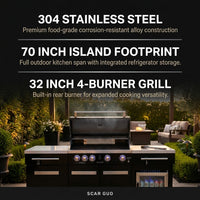Premium 70" Black Stainless Steel Outdoor Kitchen Island with Refrigerator + 32"W 4-Burner BBQ Grill with Rear Burner — Results & Stats