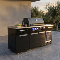 Premium 70" Black Stainless Steel Outdoor Kitchen Island with Refrigerator + 32"W 4-Burner BBQ Grill with Rear Burner — Studio Shot