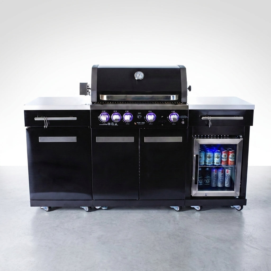 Premium 70" Black Stainless Steel Outdoor Kitchen Island with Refrigerator + 32"W 4-Burner BBQ Grill with Rear Burner — Studio Shot