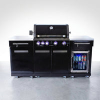 Premium 70" Black Stainless Steel Outdoor Kitchen Island with Refrigerator + 32"W 4-Burner BBQ Grill with Rear Burner — Studio Shot