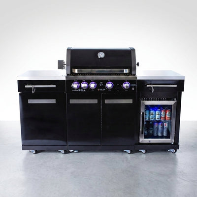 Outdoor Kitchen Island Built for All-Season Cooking, 70" Black Stainless Steel, Built-In Refrigerator, 4-Burner BBQ