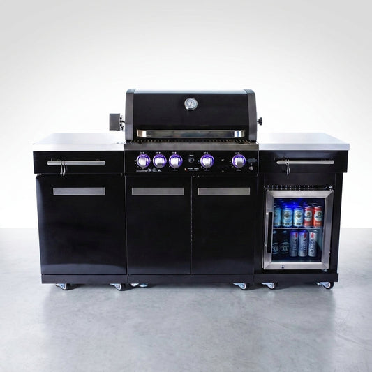 Premium 70" Black Stainless Steel Outdoor Kitchen Island with Refrigerator + 32"W 4-Burner BBQ Grill with Rear Burner — Studio Shot