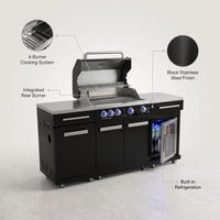 Premium 70" Black Stainless Steel Outdoor Kitchen Island with Refrigerator + 32"W 4-Burner BBQ Grill with Rear Burner — infographic