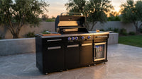 Premium 70" Black Stainless Steel Outdoor Kitchen Island with Refrigerator + 32"W 4-Burner BBQ Grill with Rear Burner — Lifestyle