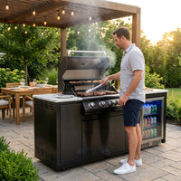 Premium 70" Black Stainless Steel Outdoor Kitchen Island with Refrigerator + 32"W 4-Burner BBQ Grill with Rear Burner — Lifestyle