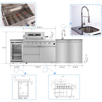 Outdoor Kitchen Island Built for Backyard Entertaining, Gas Grill, Sink, Refrigerator, 104 Inch
