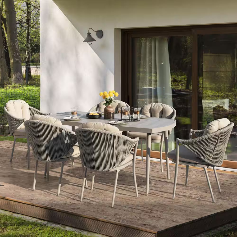 7-Piece Aluminum Outdoor Dining Set with Beige Cushion
