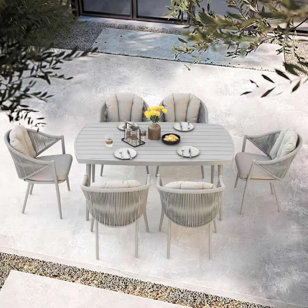7-Piece Aluminum Outdoor Dining Set with Beige Cushion