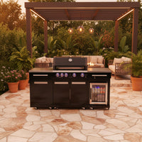 Outdoor Kitchen Island Built for All-Season Cooking, 70" Black Stainless Steel, Built-In Refrigerator, 4-Burner BBQ