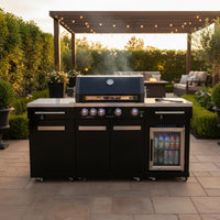 Outdoor Kitchen Island Built for All-Season Cooking, 70" Black Stainless Steel, Built-In Refrigerator, 4-Burner BBQ